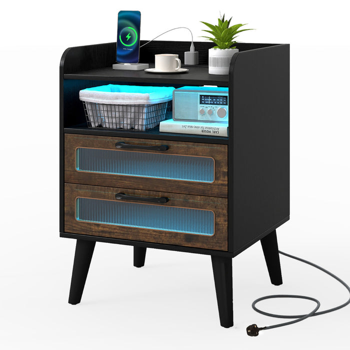 Mid Century Nightstand Modern Bedside Table with Charging Station-