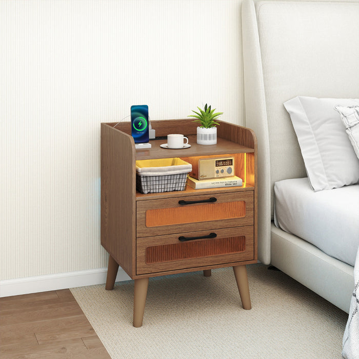 Mid Century Nightstand Modern Bedside Table with Charging Station-