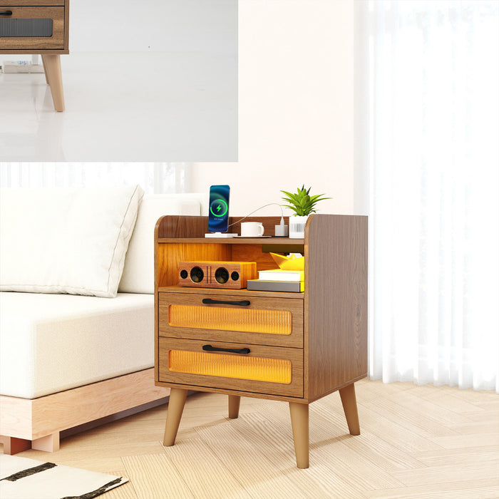 Mid Century Nightstand Modern Bedside Table with Charging Station-