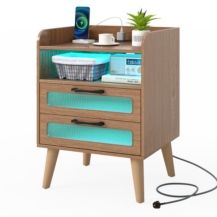 Mid Century Nightstand Modern Bedside Table with Charging Station-