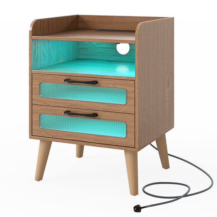 Mid Century Nightstand Modern Bedside Table with Charging Station-