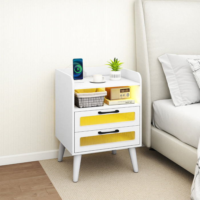 Mid Century Nightstand Modern Bedside Table with Charging Station-