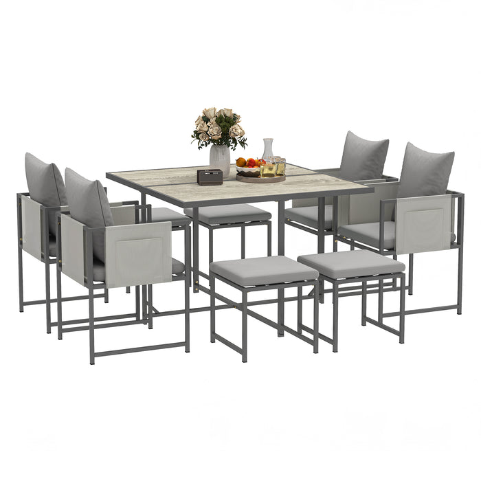 Outsunny 9 Piece Garden Dining Set, Cube Outdoor Garden Furniture Set with Cushions, 8 Seater Garden Table and Chairs with 4 Stools, Square PSPC Plastic Top Table, Side Pockets for Patio, Grey