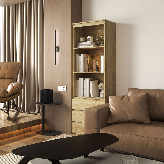 180cm Oak Wood Effect Bookcase - Free Standing Bookshelf with 3 Shelves & 3 Drawers, Display Cabinet - Versatile Storage for Living Room, Home Office, Bedroom