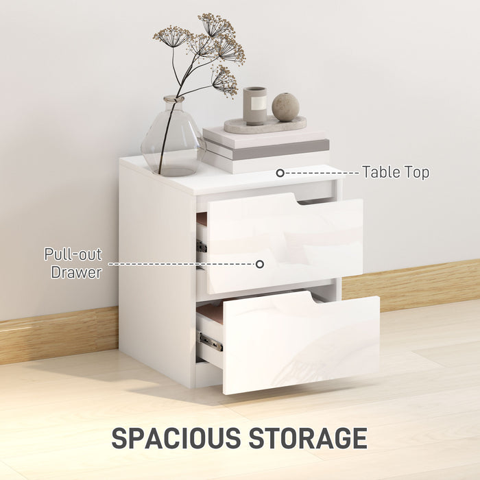 HOMCOM Set of Two High Gloss Bedside Tables - White