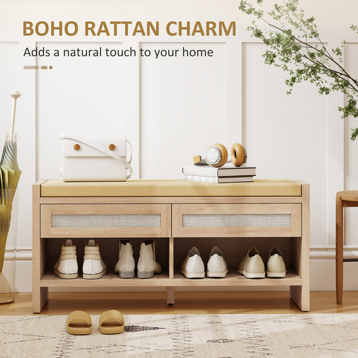 HOMCOM Boho Shoe Bench with 2 Rattan Drawers, Shoe Storage Bench with Cushioned Seat and Open Shelf Oak Wood Effect