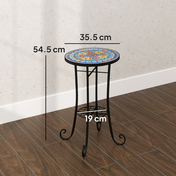 Outsunny Mosaic Garden Table, 35.5 cm Round Outdoor Table with Shelf, Ceramic Tile Top, Small Garden Side Table Bistro Table End Table Plant Stand for Indoor, Patio, Balcony, Blue