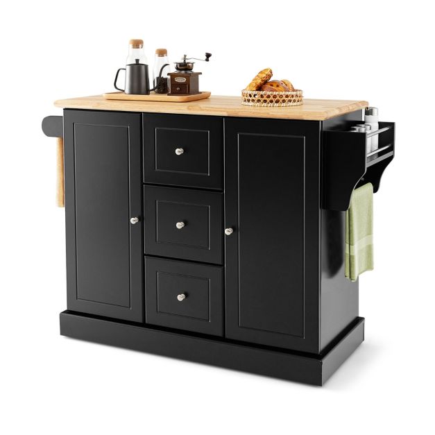Kitchen Island Mobile Cart - Deep Drawers and Enclosed Black Cabinets - Perfect Storage for Home Cooking Enthusiasts