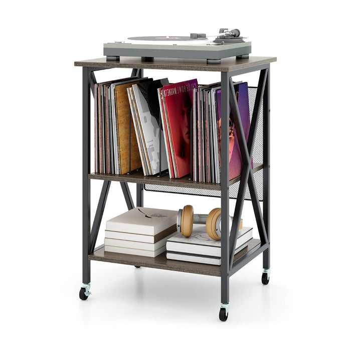 Mobile Record Player Stand with Vinyl Storage Shelves and Dividers-