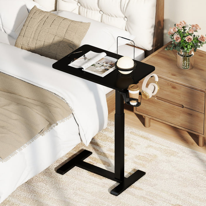 Height Adjustable Overbed Bedside Table with Cup Holder and Headphone Hook-White