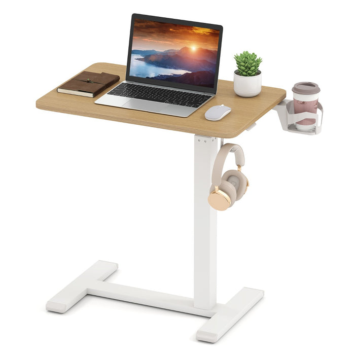 Height Adjustable Overbed Bedside Table with Cup Holder and Headphone Hook-White