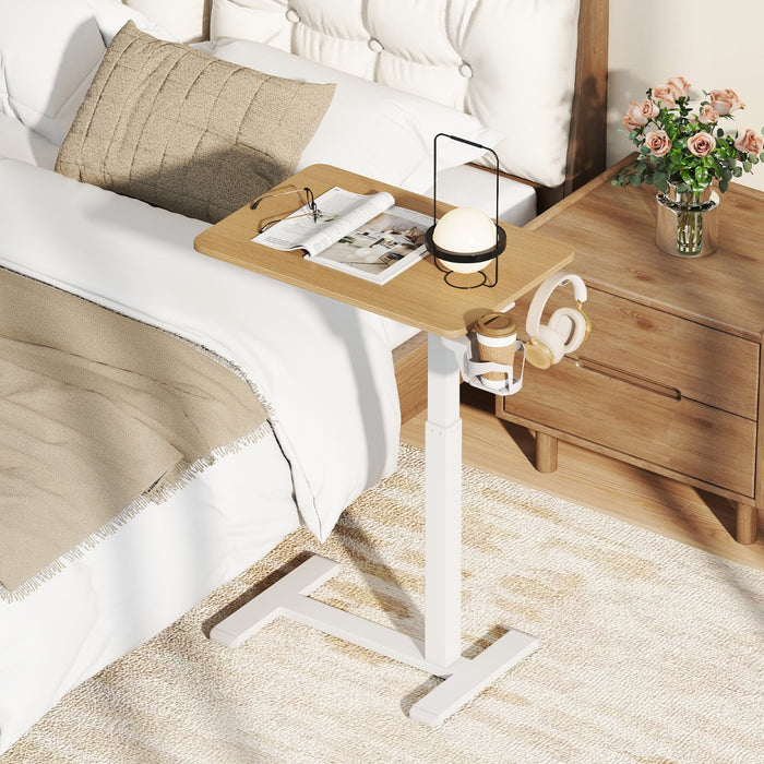 Height Adjustable Overbed Bedside Table with Cup Holder and Headphone Hook-White