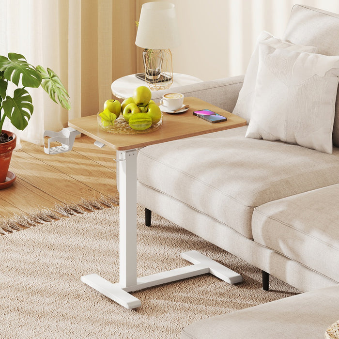Height Adjustable Overbed Bedside Table with Cup Holder and Headphone Hook-White