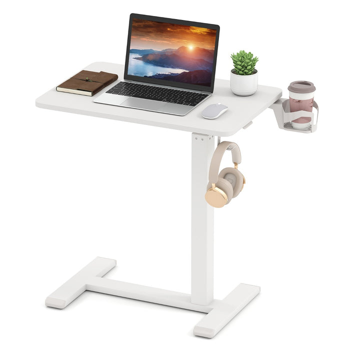 Height Adjustable Overbed Bedside Table with Cup Holder and Headphone Hook-White