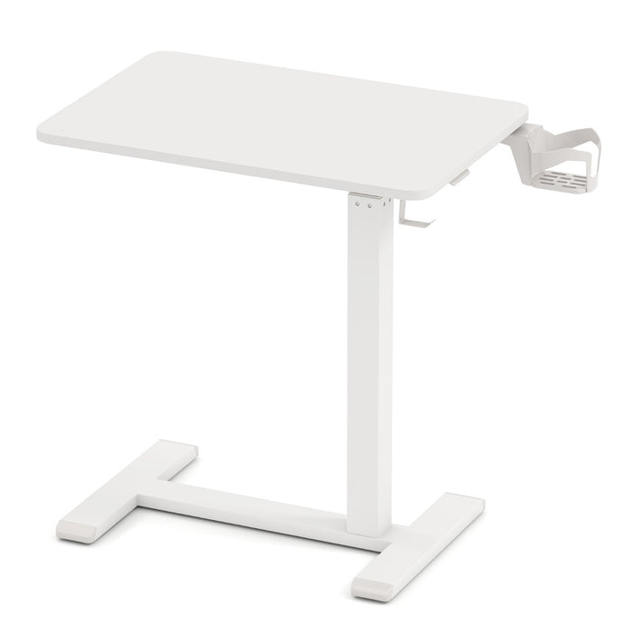 Height Adjustable Overbed Bedside Table with Cup Holder and Headphone Hook-White
