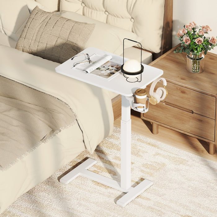 Height Adjustable Overbed Bedside Table with Cup Holder and Headphone Hook-White