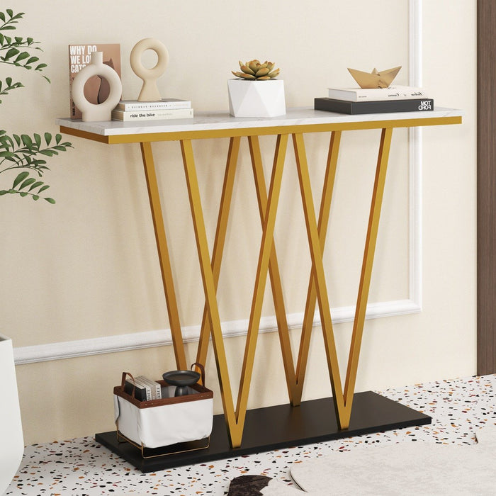 Modern Accent Extra Long Console Entry Table with Faux Marble Top-