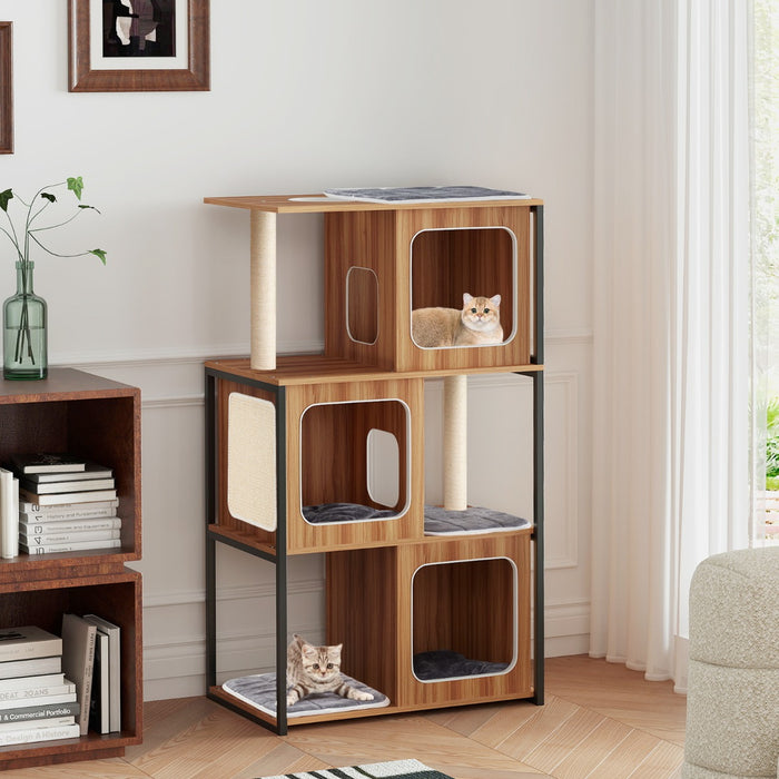 Modern Cat Tree with Metal Frame and Padded Top Perch for Indoor Kittens-Natural