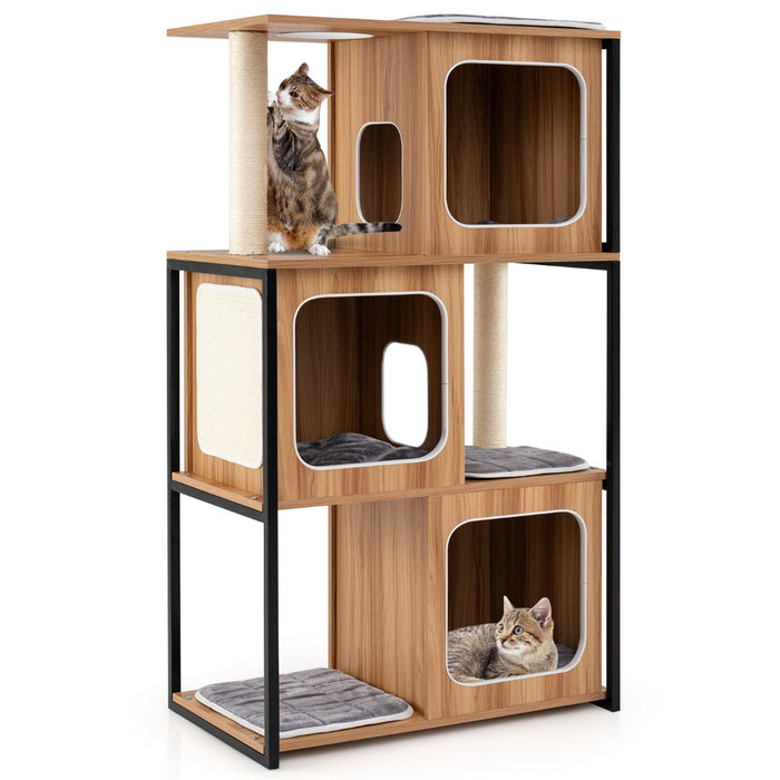 Modern Cat Tree with Metal Frame and Padded Top Perch for Indoor Kittens-Natural