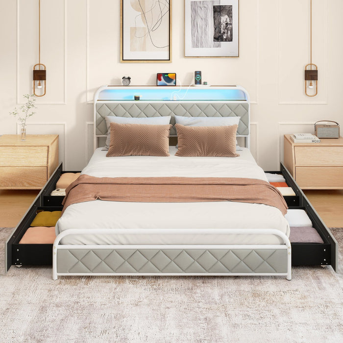 Modern Faux Leather Upholstered Platform Bed with Storage Headboard-White-