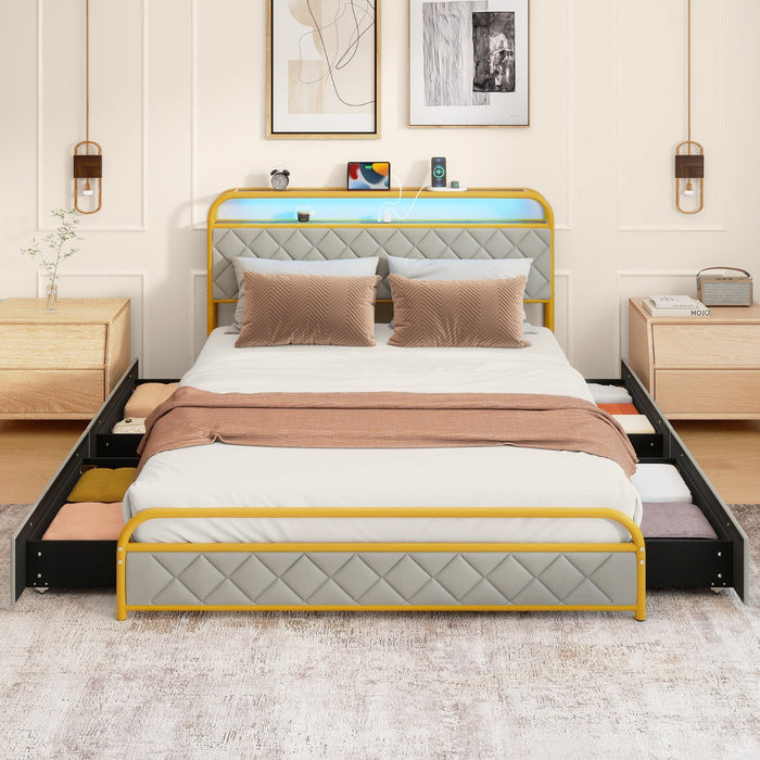 Modern Faux Leather Upholstered Platform Bed with Storage Headboard-White-