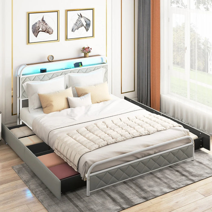 Modern Faux Leather Upholstered Platform Bed with Storage Headboard-White-