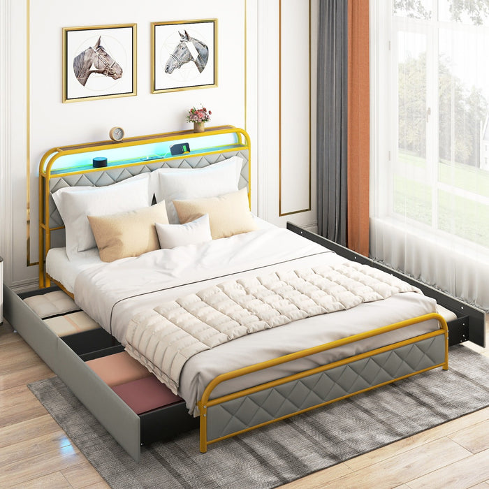 Modern Faux Leather Upholstered Platform Bed with Storage Headboard-White-
