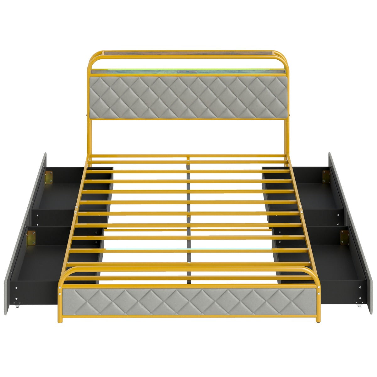 Modern Faux Leather Upholstered Platform Bed with Storage Headboard-Golden-