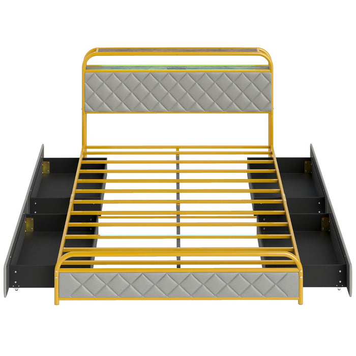 Modern Faux Leather Upholstered Platform Bed with Storage Headboard-Golden-