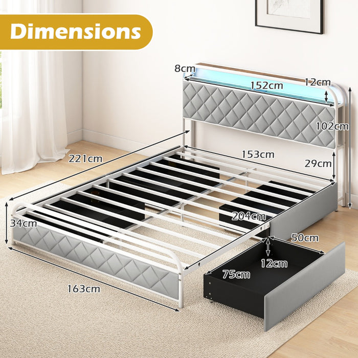 Modern Faux Leather Upholstered Platform Bed with Storage Headboard-White-