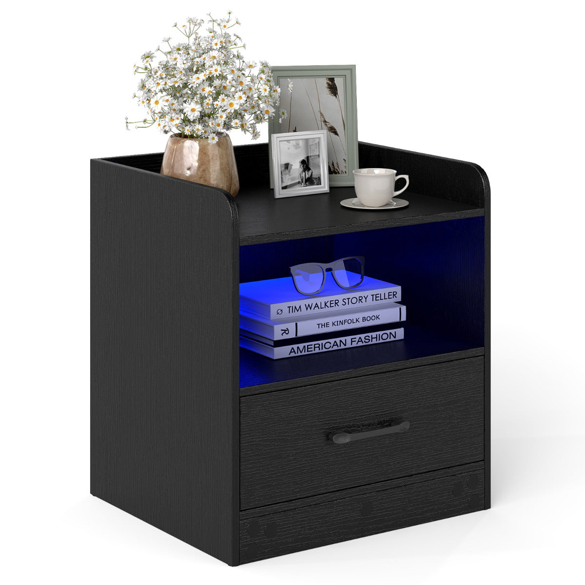 Modern Nightstand with Drawer and Open Shelf for Living Room and Bedroom-