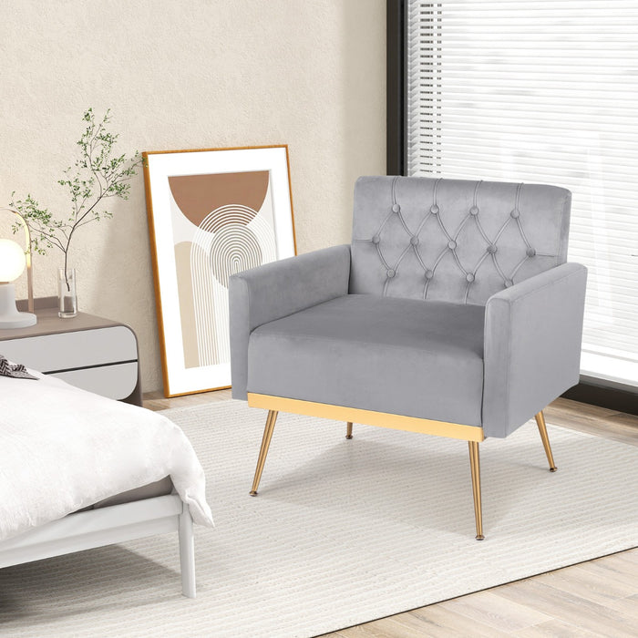 Modern Velvet Accent Chair with Button Tufted Back and Golden Metal Legs-