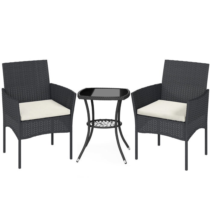 Outsunny 3 Piece Rattan Bistro Set, PE Wicker Garden Furniture Conversation Set with 2 Tier Glass-Top Table, Chairs, Cream White