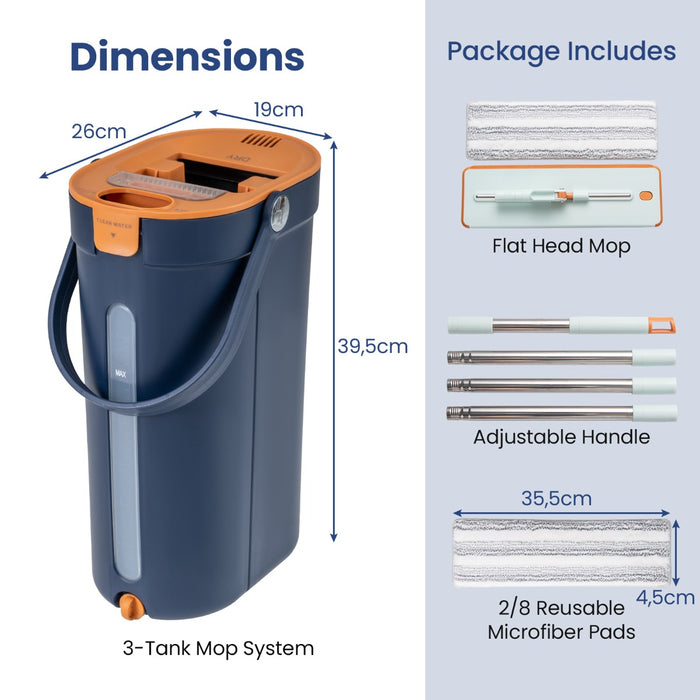 Mop and Bucket Set 3-Tank Flat Floor Mop and Bucket System with Wringer-