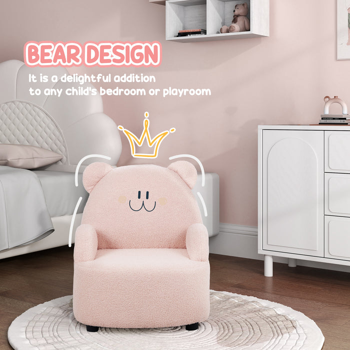 Bear-Themed Kids' Armchair - Comfy Plush Toddler Seat for Bedroom & Playroom - Perfect for Children 18 Months to 3 Years Old, Cute Pink Design