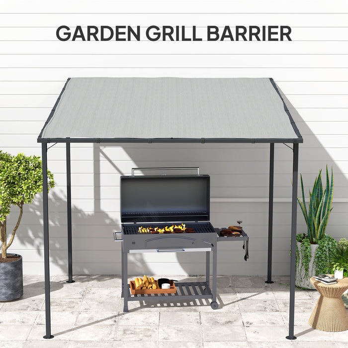 Outsunny 2.4 x 2.4 m Wall Mounted Pergola Gazebo with PA Coating Fabric, Metal Frame, UPF30+, Lean to Garden Gazebo, Light Grey