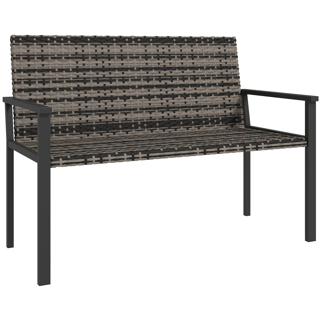 Outsunny 2 Seater Rattan Garden Bench, Outdoor Bench with Quick-Drying Cotton Padding, Wicker Garden Loveseat with Armrests, Steel Frame for Patio, Park, Mixed Grey