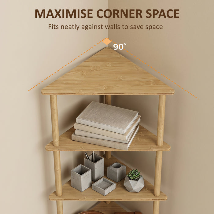 HOMCOM Bamboo Storage Shelf, 5-tier Corner Shelf, Freestanding Shelving Unit for Living Room, Home Office, Natural Wood Finish
