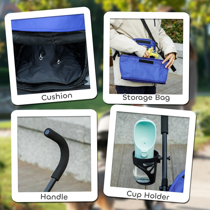 PawHut Umbrella Structure Dog Stroller, Lightweight & Portable Dog Pram w/ Shoulder Strap, Storage Bag & Cup Holder, Dark Blue