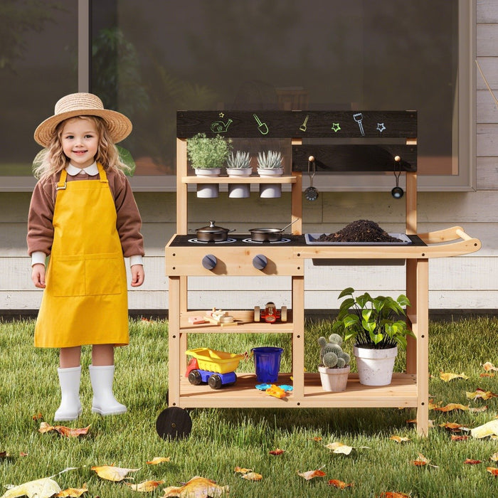 Mud Fir Wood Play Kitchen Kitchen with Wheels and Blackboard-