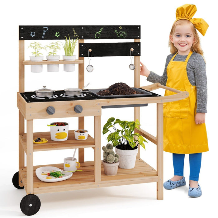 Mud Fir Wood Play Kitchen Kitchen with Wheels and Blackboard-