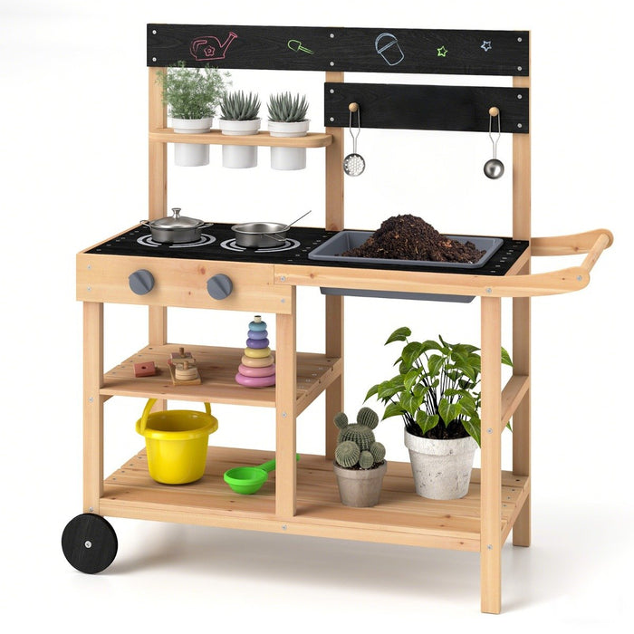 Mud Fir Wood Play Kitchen Kitchen with Wheels and Blackboard-