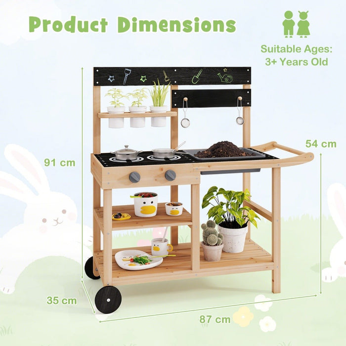 Mud Fir Wood Play Kitchen Kitchen with Wheels and Blackboard-