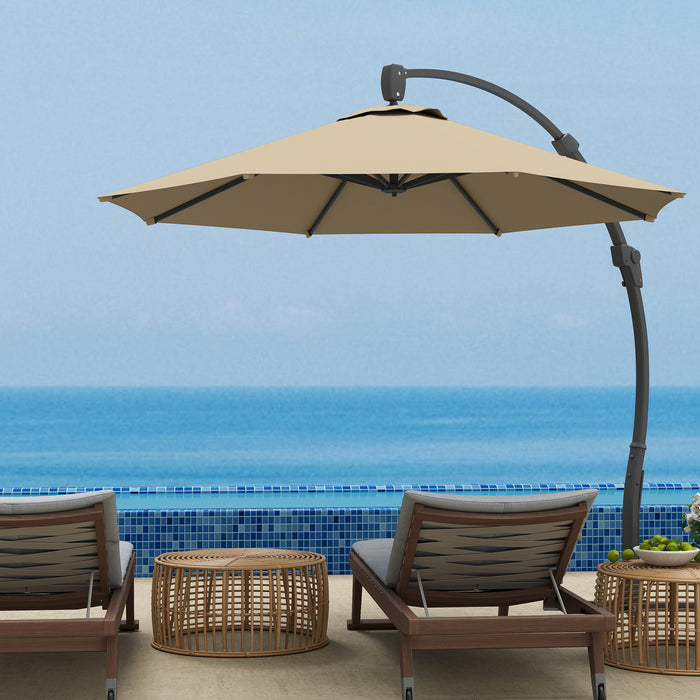 Outsunny 3(m) Garden Cantilever Parasol, Round Overhanging Umbrella with Crank Handle, Cross Base, Aluminium Frame and 360° Rotation, Banana Patio Umbrella for Outdoor Sun Shade, Khaki