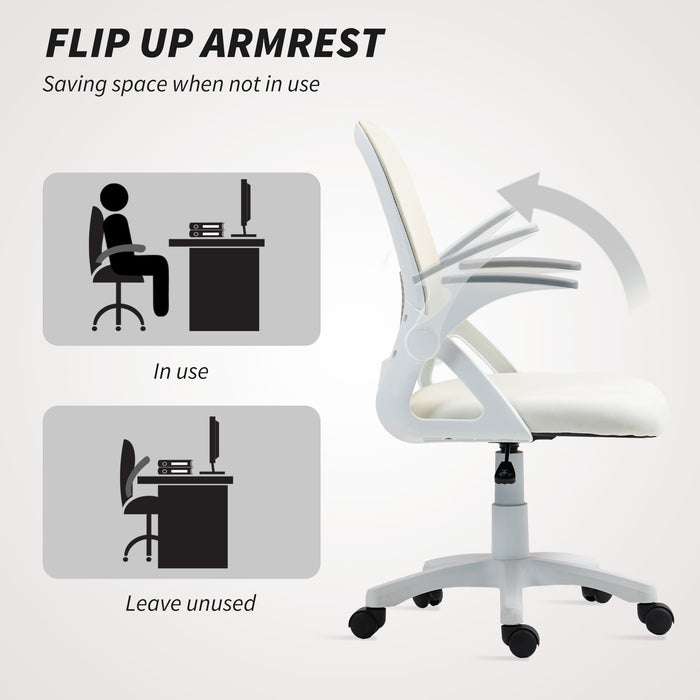 HOMCOM Breathable Mesh Office Chair, Ergonomic Swivel Computer Chair with Flip-up Armrests, Lumbar Back Support for Home/Office, White