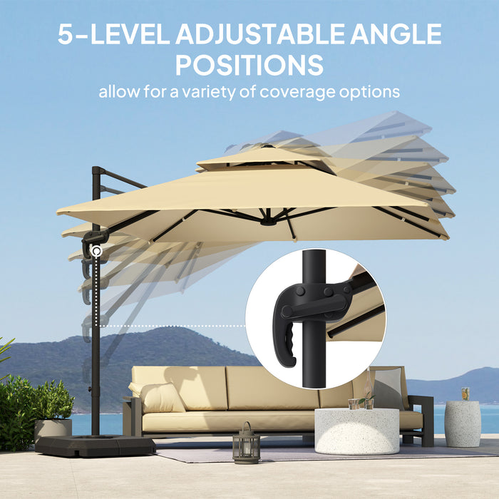 Outsunny 2.7 x 2.7(m) Cantilever Parasol with Aluminium Frame, Crank and Tilt, 360° Rotation, Double Top Garden Umbrella with Base and Cover, Khaki