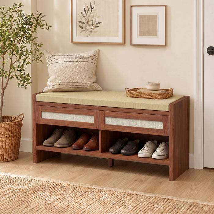 HOMCOM Boho Shoe Bench with 2 Rattan Drawers, Shoe Storage Bench with Cushioned Seat and Open Shelf Brown