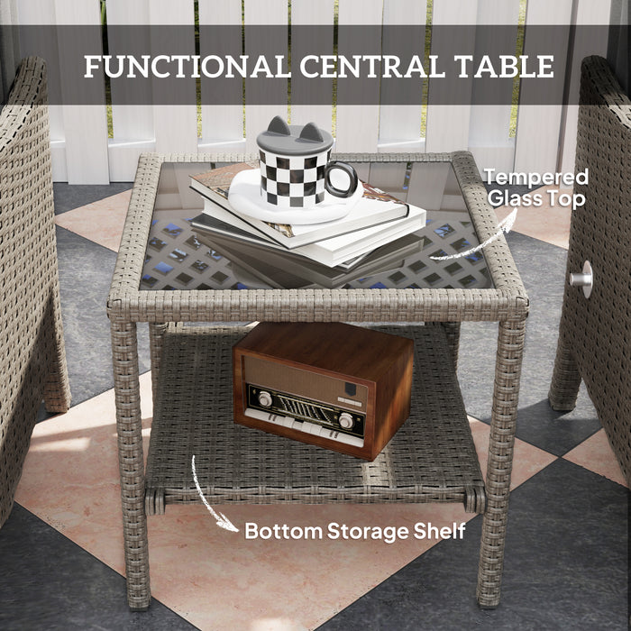 Outsunny 5 Piece Rattan Garden Furniture Set, Wicker Outdoor Furniture with 2 Armchairs, 2 Footstools and Glass Top Coffee Table with Shelf, Cushions for Patio Balcony, Dark Grey