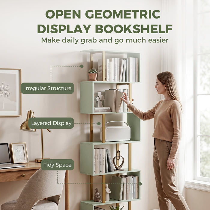 HOMCOM S-Shaped Bookshelf, 5-Tier Bookcase, Freestanding Storage Shelves with Anti-Tip Strap for Living Room, Light Green