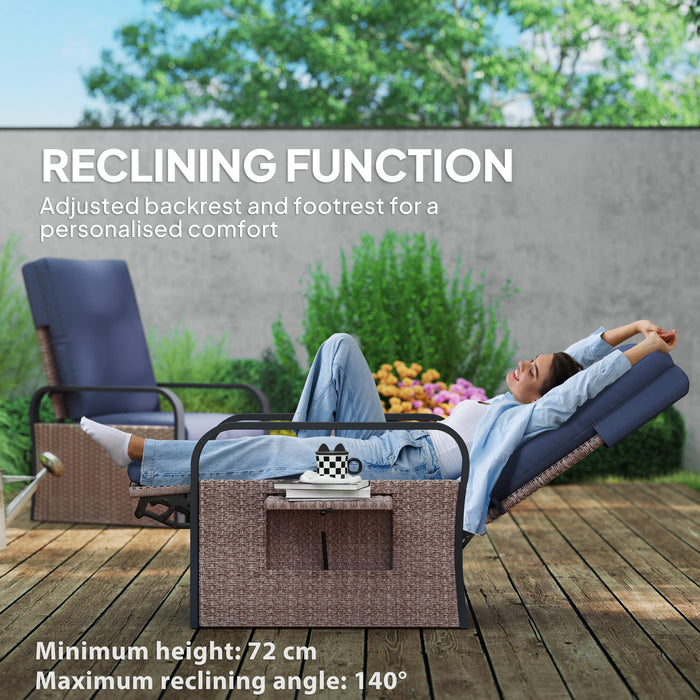 Outsunny Rattan Garden Recliner Chair, Reclining Rattan Chair with Adjustable Backrest and Footrest, Outdoor Lounge Sun Lounger with Cushion, Side Tray and Aluminium Armrests, Brown/Blue